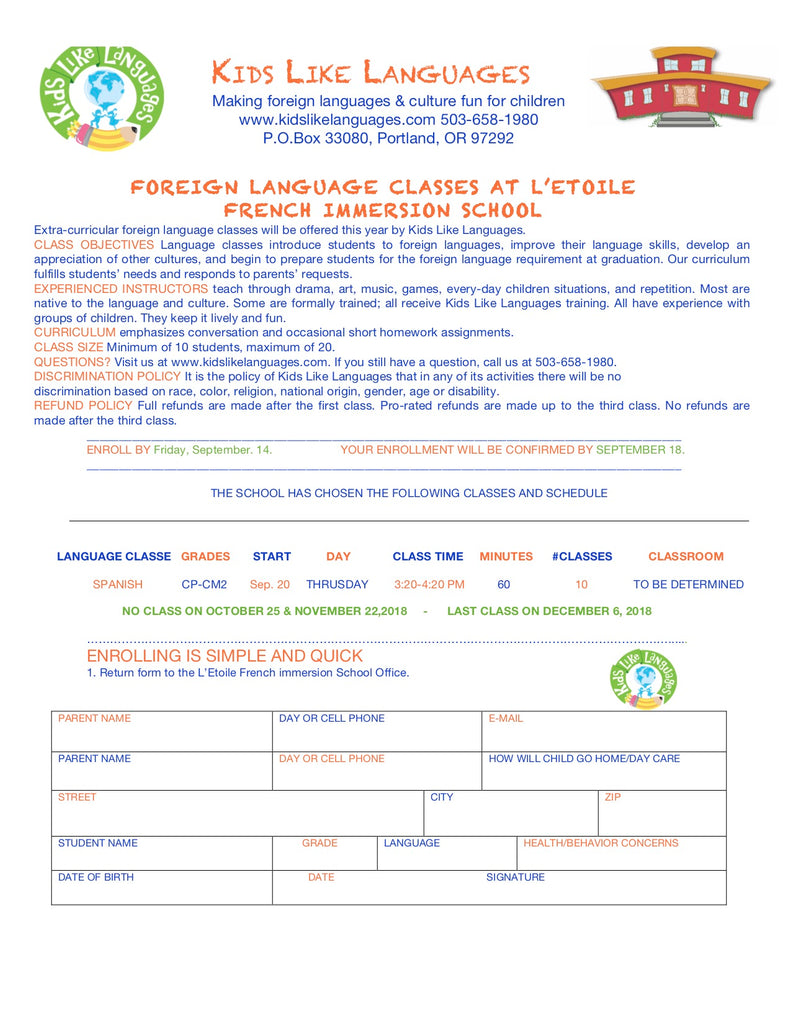 Spanish After School Classes at L'etoile French Immersion School
