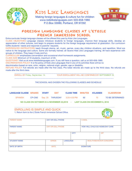 Spanish After School Classes at L'etoile French Immersion School